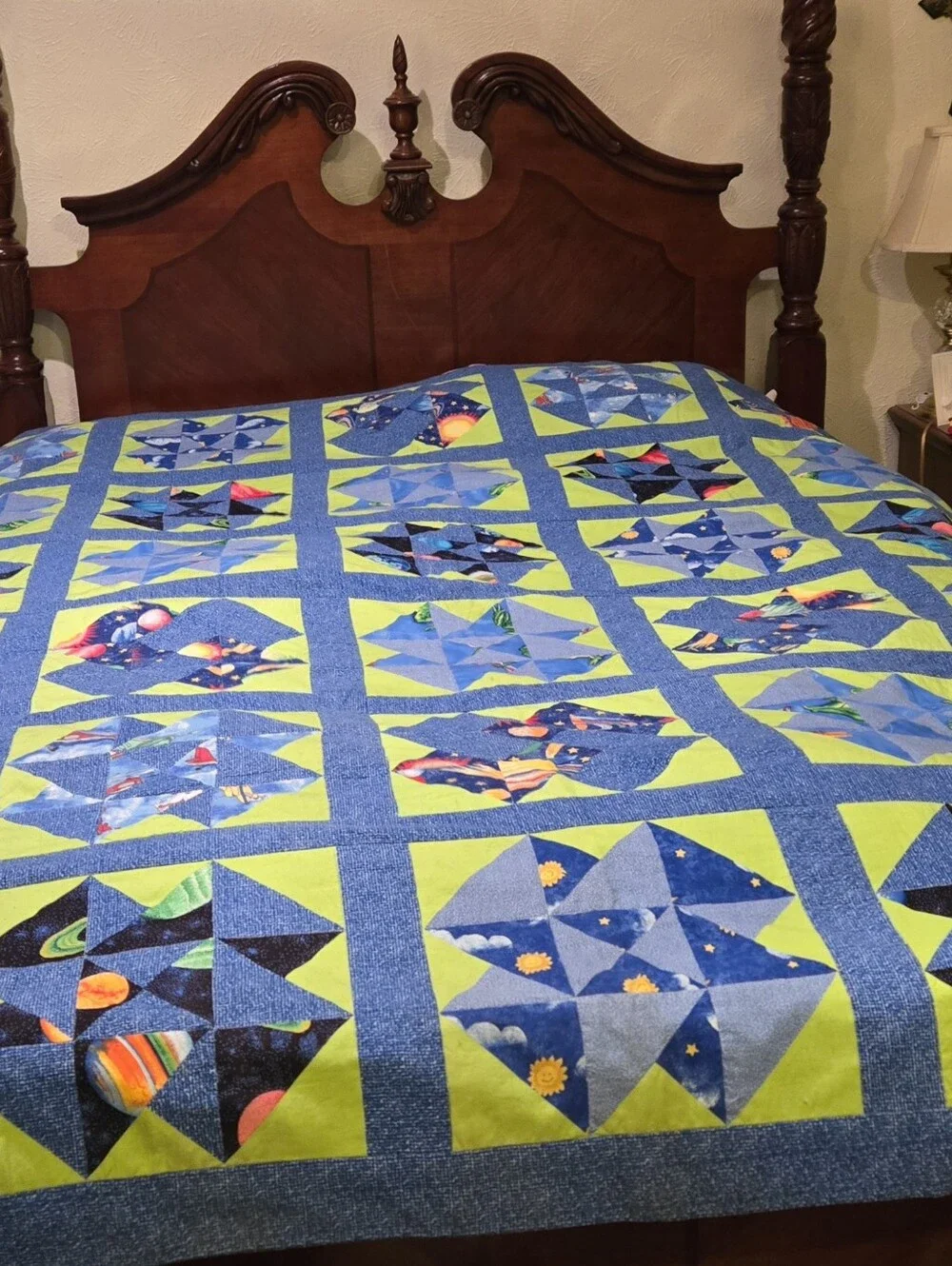 Patchwork COTTON QUILT  FULL/QUEEN SZ BLUE GRN Stars Planets 4 Cards Motif Cabin